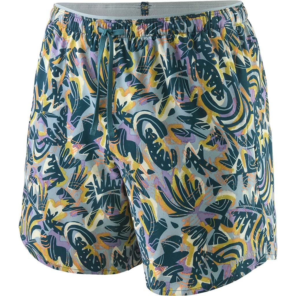 Women's running shorts with colorful tropical abstract print pattern, front view on white background