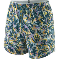 Women's running shorts with colorful tropical abstract print pattern, front view on white background