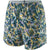 Women's running shorts with colorful tropical abstract print pattern, front view on white background