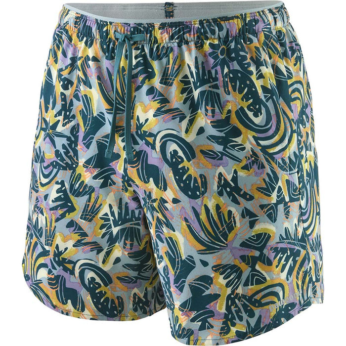 Women's running shorts with colorful tropical abstract print pattern, front view on white background