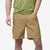 Tan colored men's casual shorts with front pockets, worn with green t-shirt