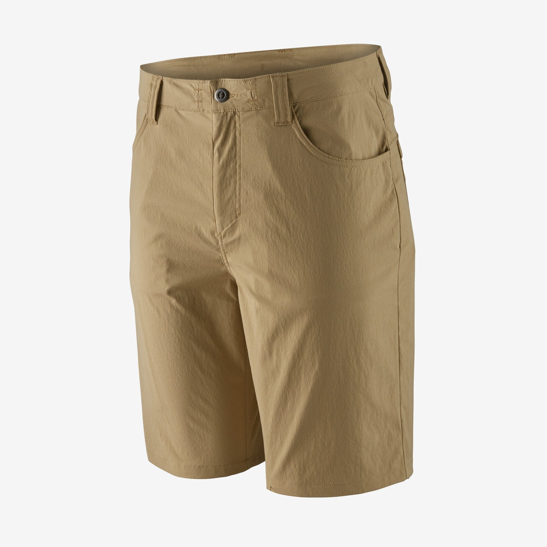 Tan colored men's shorts with button fly and front pockets, front view