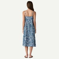 Blue floral print midi dress with thin straps shown from back view