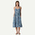 Blue patterned midi dress with thin straps and flowing swirl design, front view