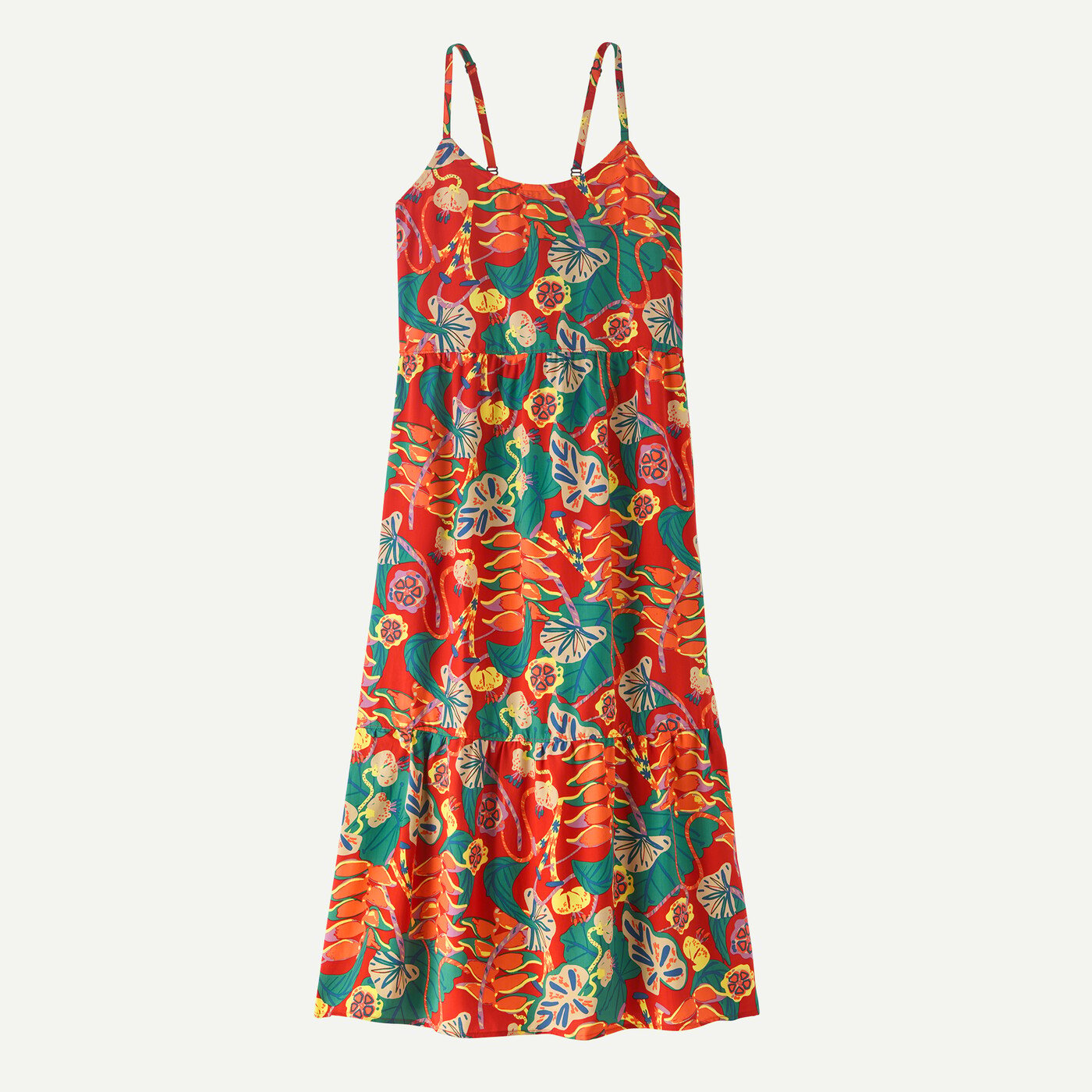 Sleeveless midi dress with tropical citrus print and tiered ruffle hem