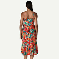 Tropical floral print sundress with thin straps and tiered hem, back view