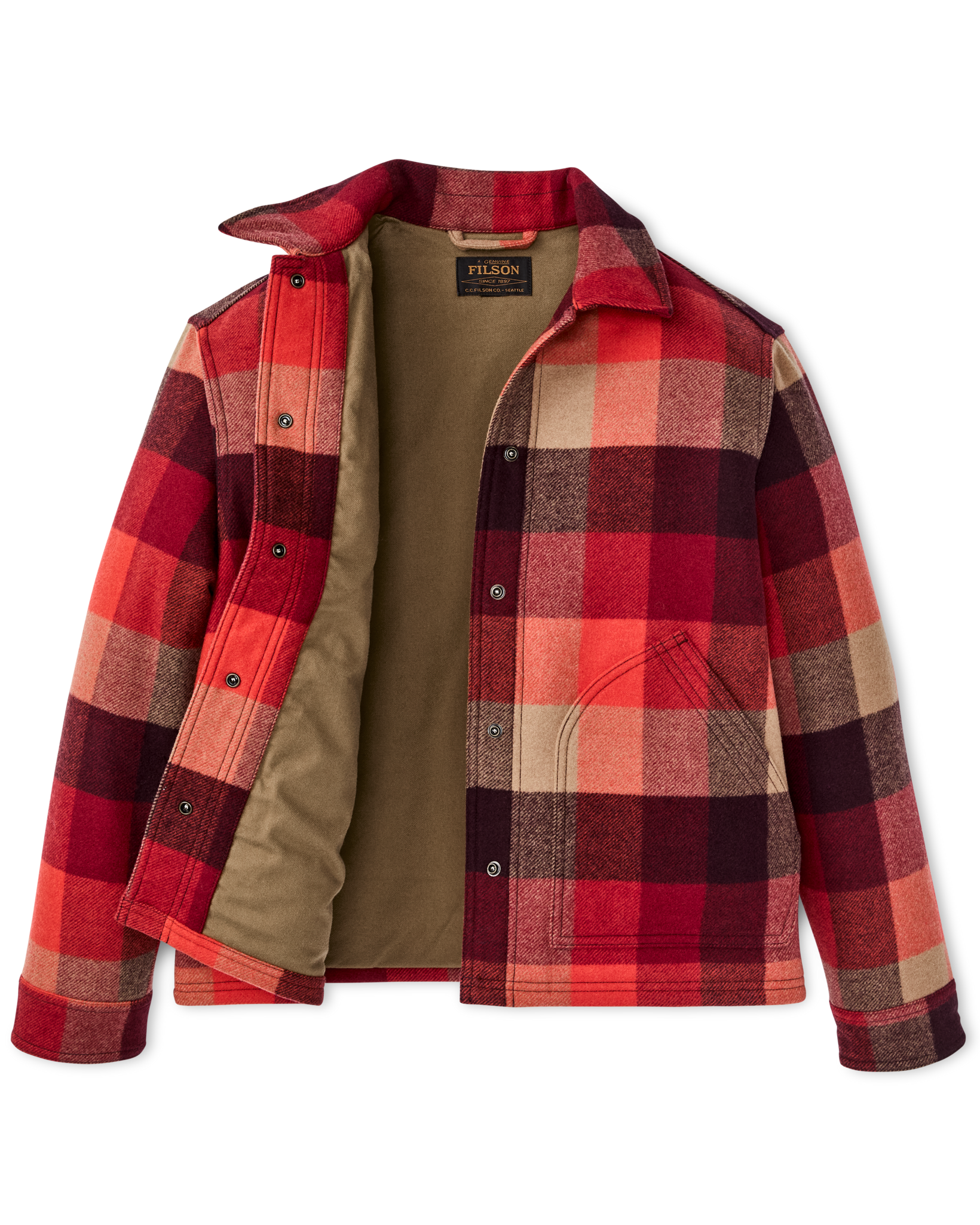 Red and burgundy plaid insulated jacket open front view showing tan interior lining and snap buttons