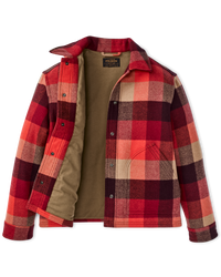 Red and burgundy plaid insulated jacket open front view showing tan interior lining and snap buttons