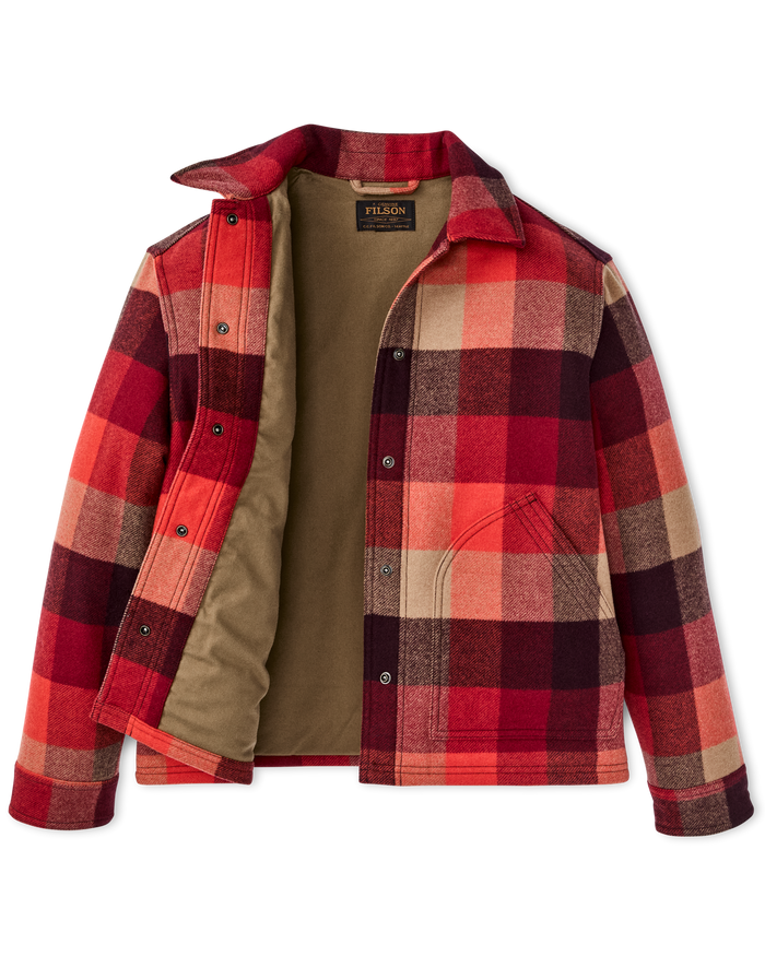Red and burgundy plaid insulated jacket open front view showing tan interior lining and snap buttons