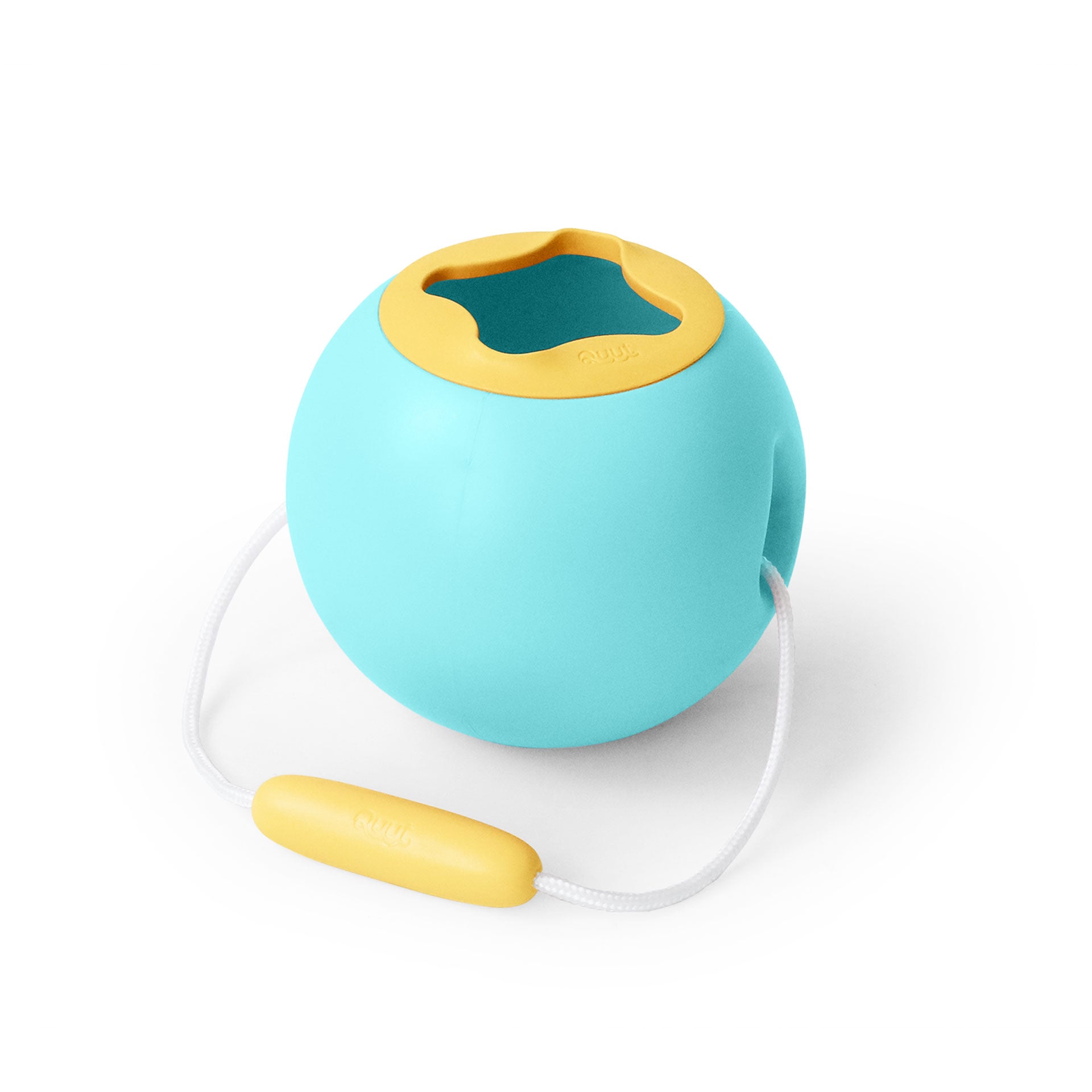 Spherical collapsible sand toy with turquoise body and yellow rim and handle