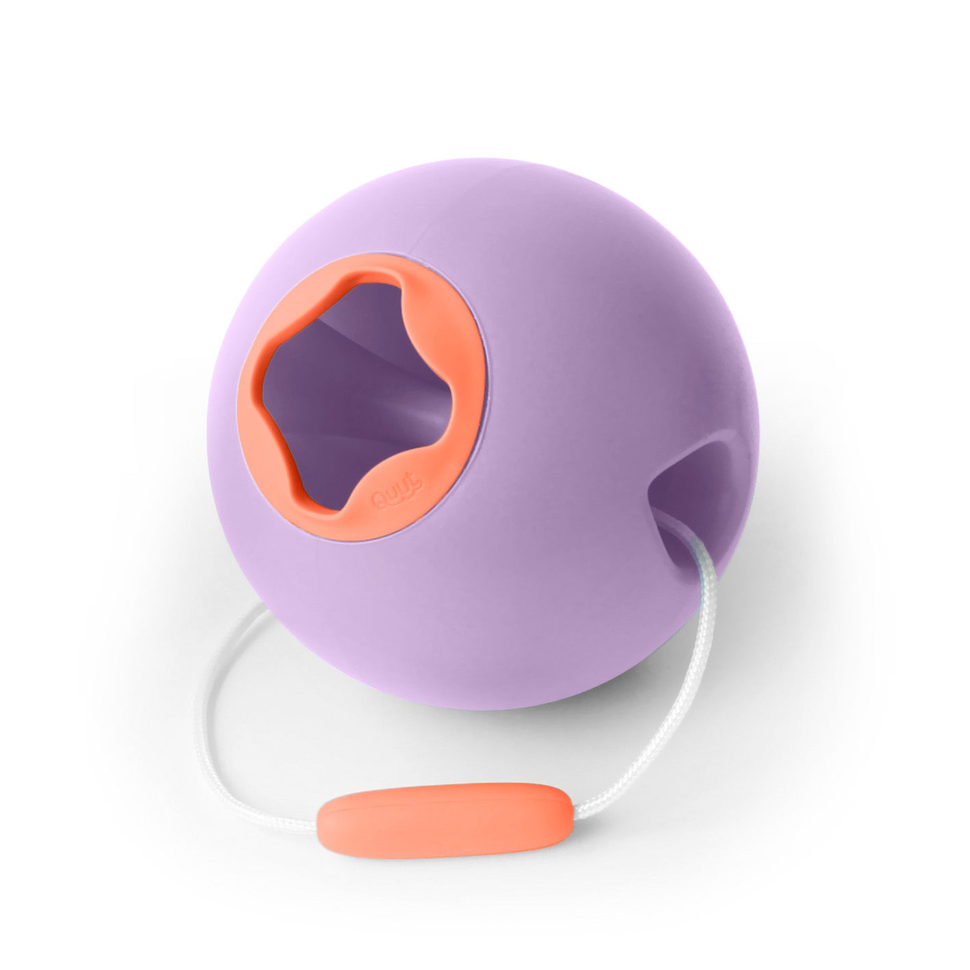 Round silicone beach toy ball with large opening and cord handle for sand play