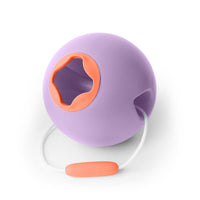 Round silicone beach toy ball with large opening and cord handle for sand play