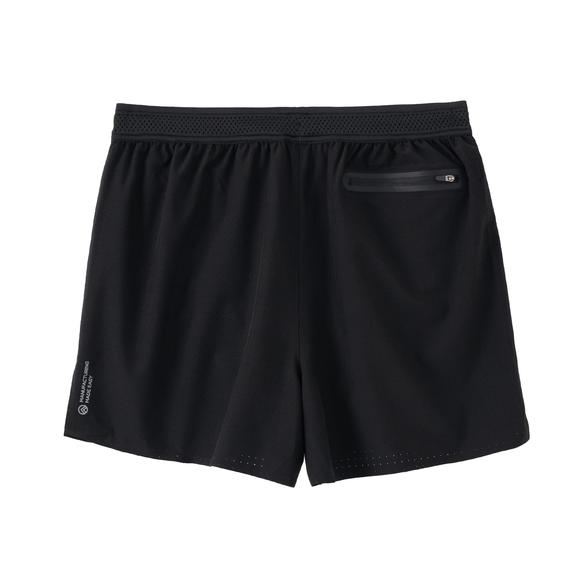 Black men's running shorts back view with zip pocket, elastic waistband, and ventilation perforations
