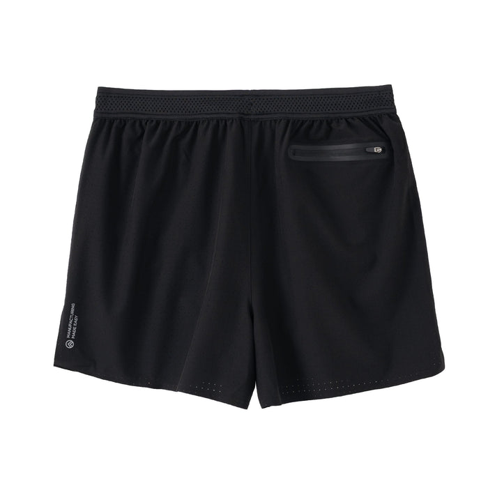 Black men's running shorts back view with zip pocket, elastic waistband, and ventilation perforations