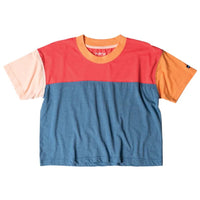 Color block t-shirt with coral, blue, pink and orange panels in relaxed fit