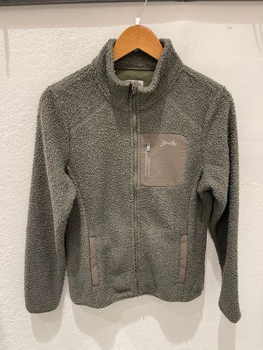 Olive green sherpa fleece jacket with full zip and chest pocket on wooden hanger