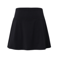 Black athletic skort with wide waistband and flared hem, front view