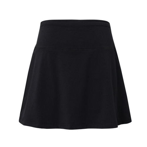 Black athletic skort with wide waistband and flared hem, front view