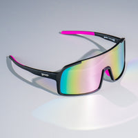 Athletic sunglasses with black frame, bright pink temple accents, and rainbow mirrored lenses