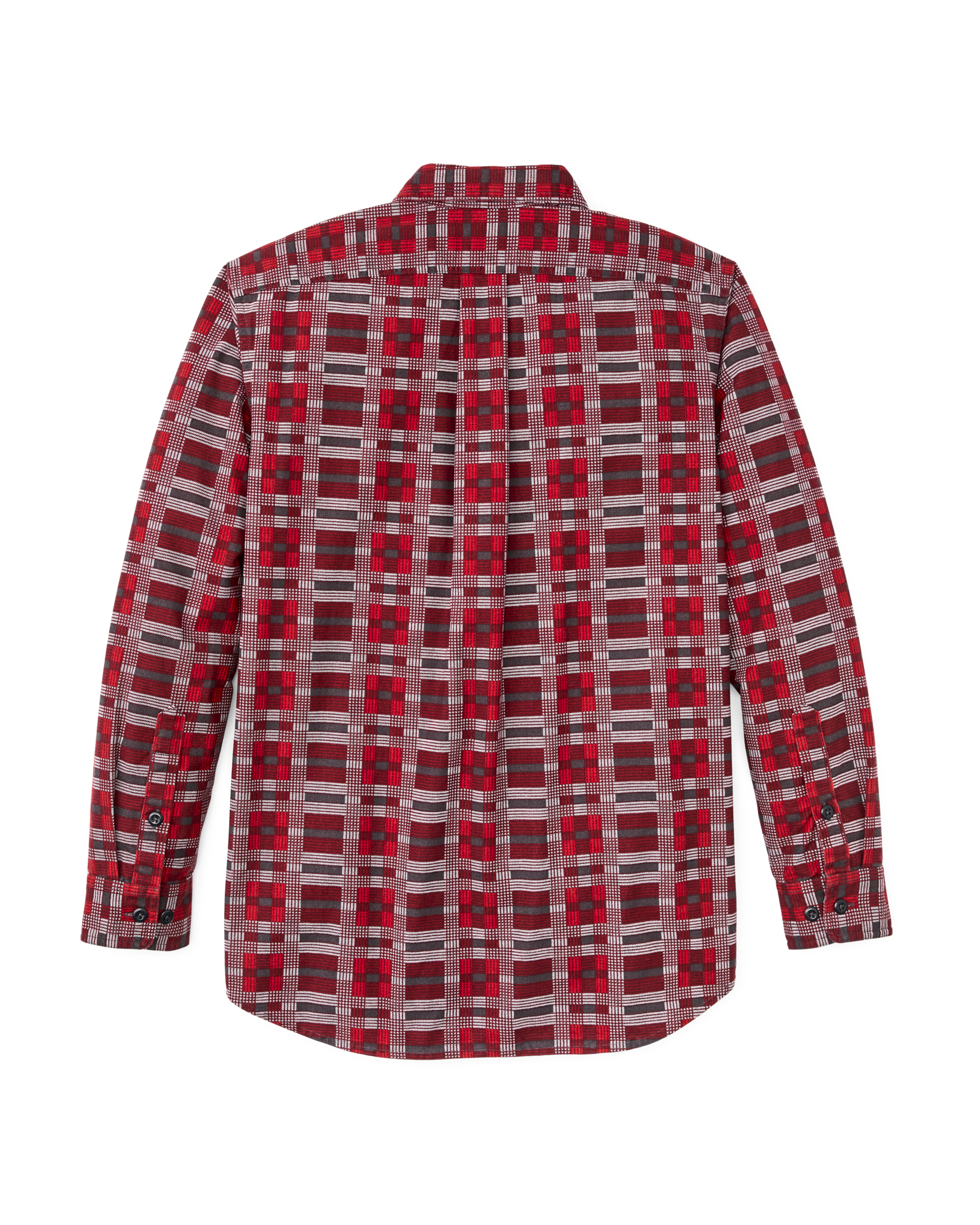 Men's long-sleeve plaid flannel shirt, back view, with box pleat and button cuffs