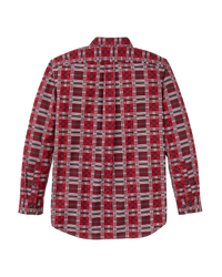 Men's long-sleeve plaid flannel shirt, back view, with box pleat and button cuffs