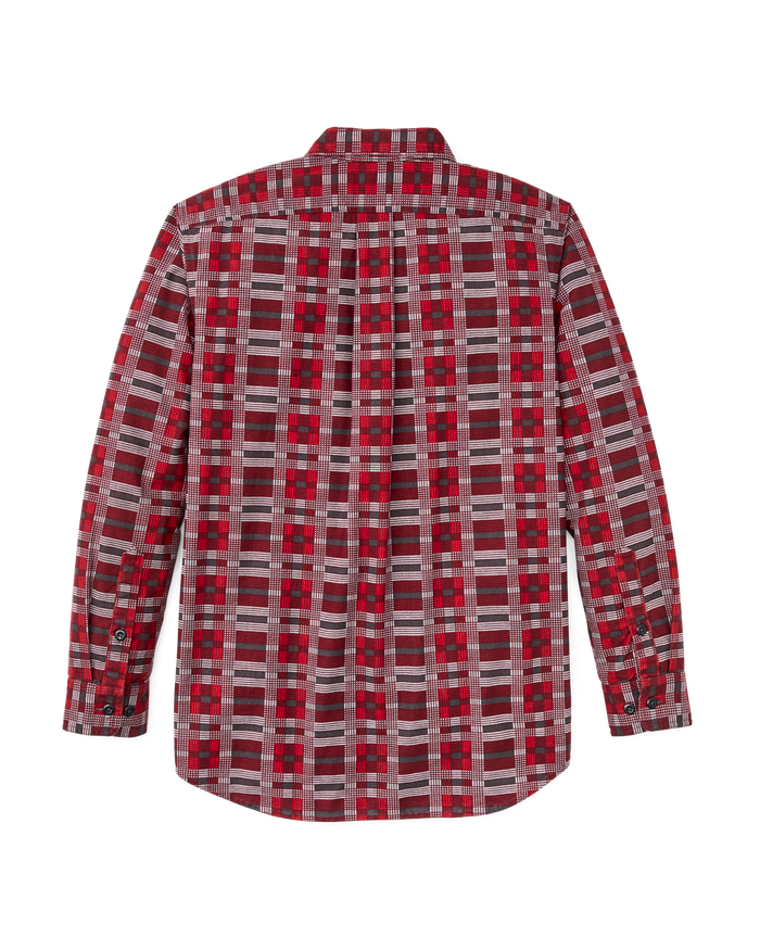 Men's long-sleeve plaid flannel shirt, back view, with box pleat and button cuffs