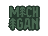 Green sticker with MICHIGAN text and pine tree designs on clean background