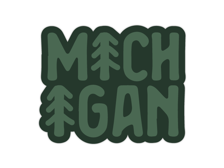 Green sticker with MICHIGAN text and pine tree designs on clean background
