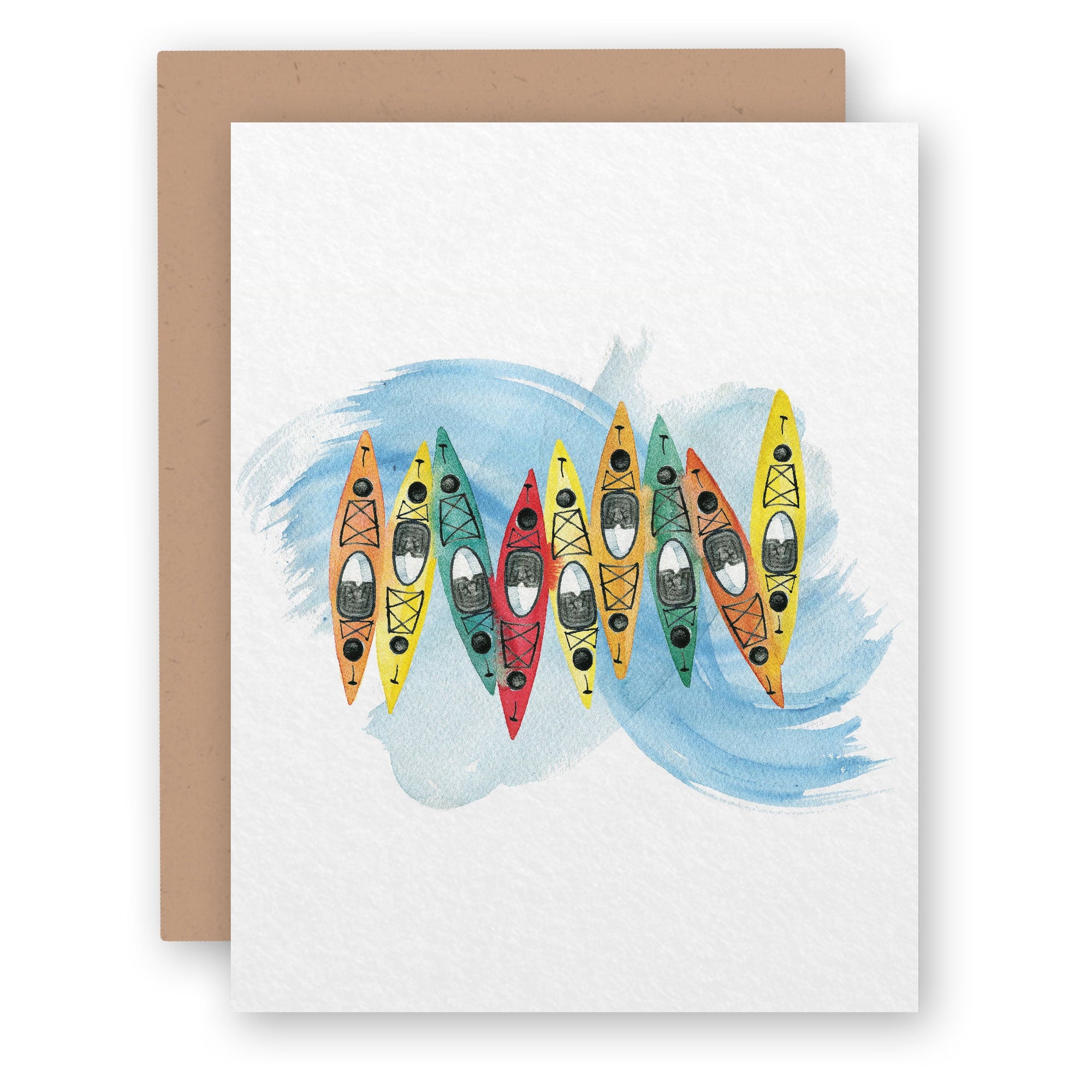 Greeting card with watercolor kayaks in various colors on blue water background