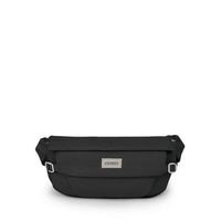 Black hip bag with roll-top flap, adjustable strap, and metal brand label, front view