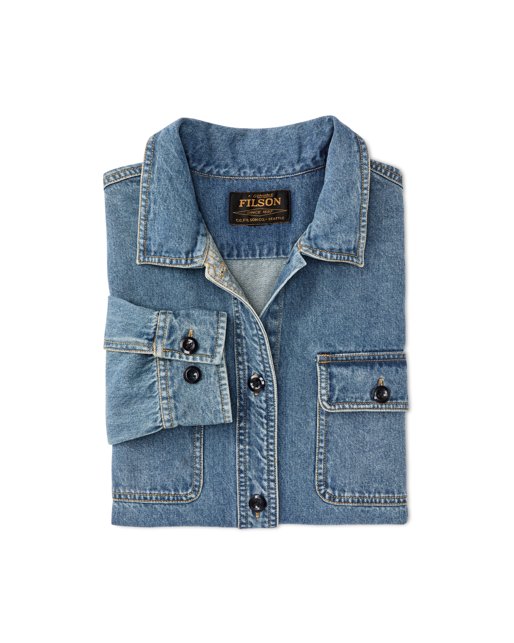 Folded light-wash denim shirt with button front, chest pockets, and spread collar