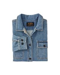 Folded light-wash denim shirt with button front, chest pockets, and spread collar