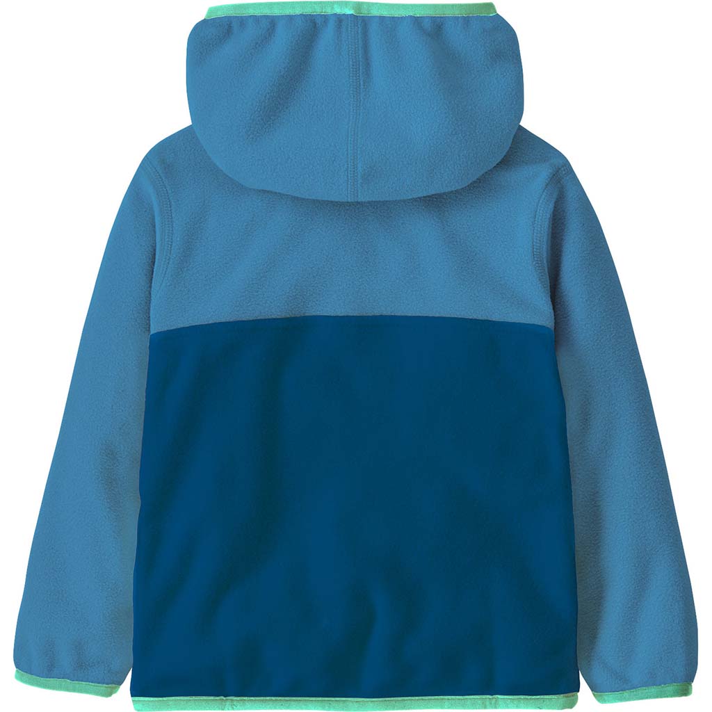 Baby fleece hooded pullover jacket, back view, two-tone blue colorblock with mint green trim