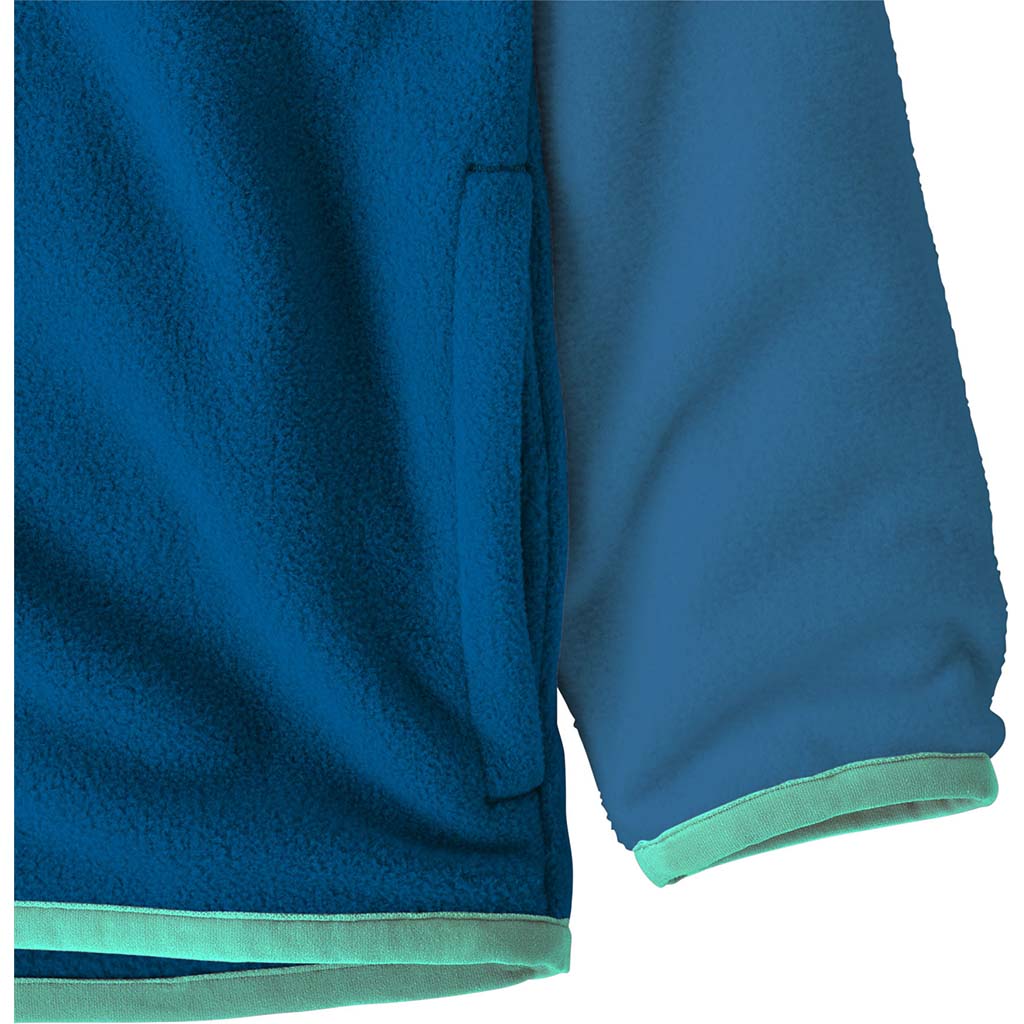 Close-up detail of fleece jacket showing cuff, pocket, and aqua trim on sleeve and hem