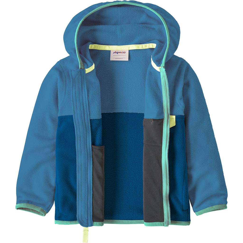 Baby fleece zip-up hoodie jacket shown open, revealing two-tone blue interior with mint green zipper trim