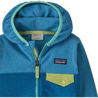 Baby fleece zip-up hoodie with snap chest pocket, two-tone blue colorblock and contrast zipper, close-up detail view