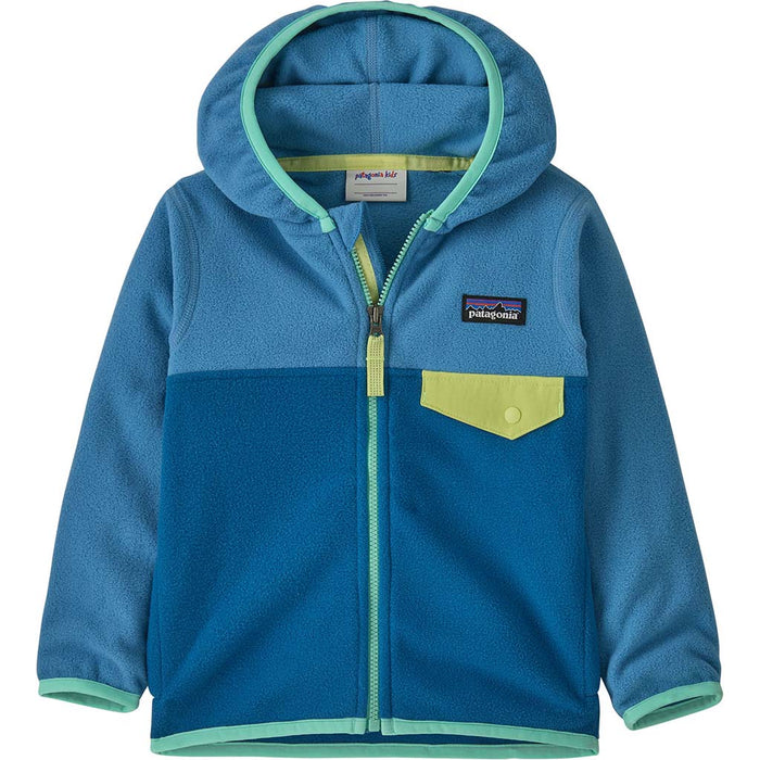 Baby zip-up hooded fleece jacket in blue colorblock with green trim and chest pocket, front view
