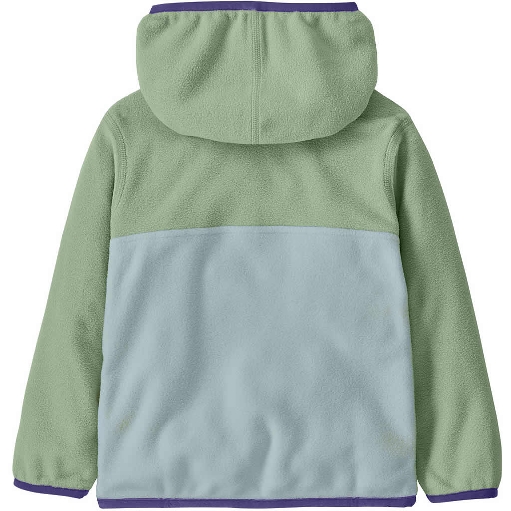 Baby fleece hooded pullover jacket, back view, two-tone green and light blue colorblock design