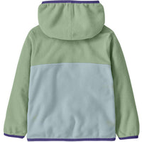 Baby fleece hooded pullover jacket, back view, two-tone green and light blue colorblock design