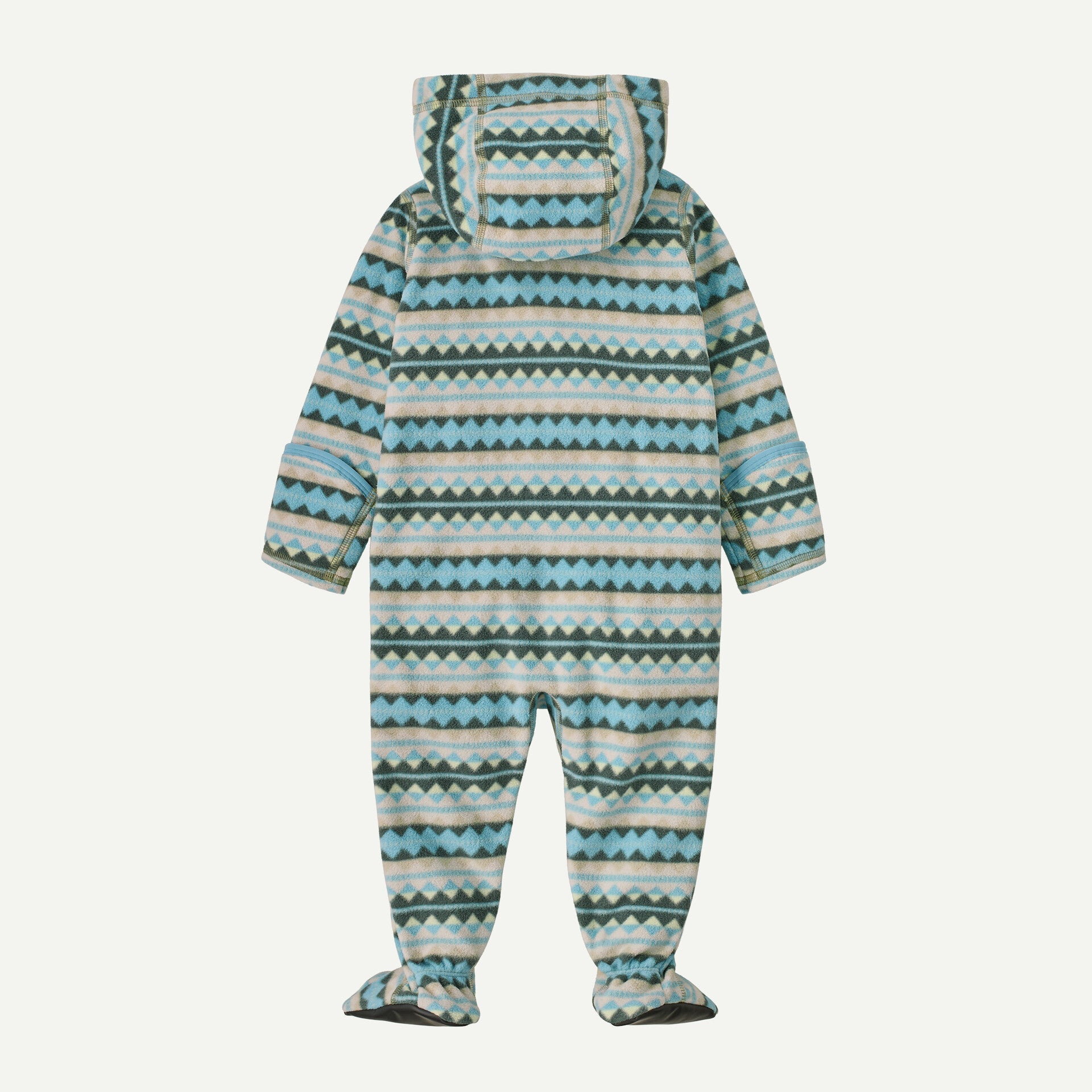 Infant fleece bunting back view with hood, footies, and geometric diamond stripe pattern