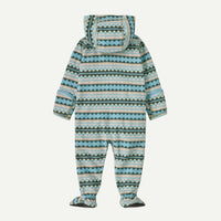Infant fleece bunting back view with hood, footies, and geometric diamond stripe pattern