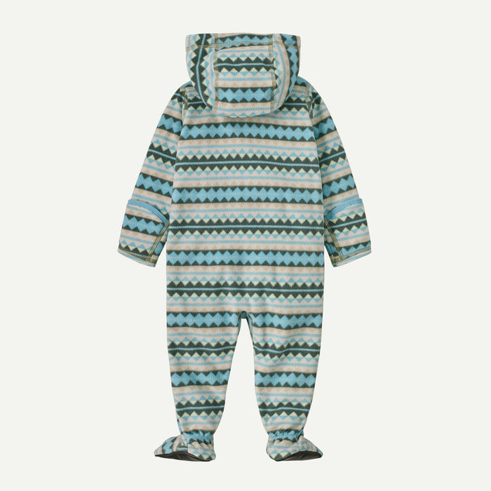 Infant fleece bunting back view with hood, footies, and geometric diamond stripe pattern