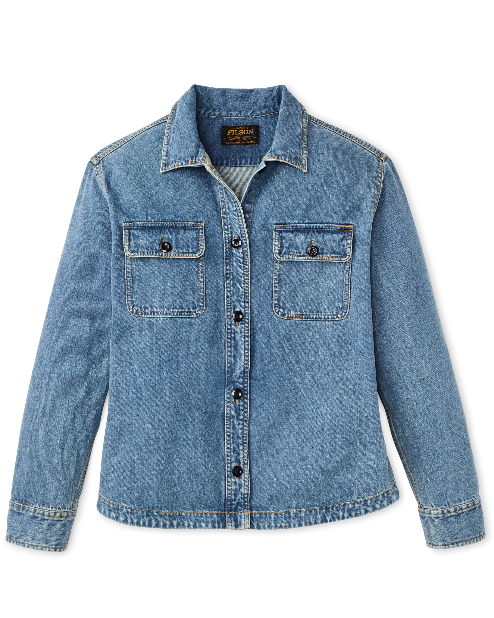 Women's denim shirt with button front, dual chest pockets, and spread collar, flat lay view