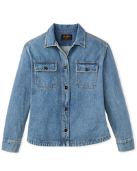 Women's denim shirt with button front, dual chest pockets, and spread collar, flat lay view