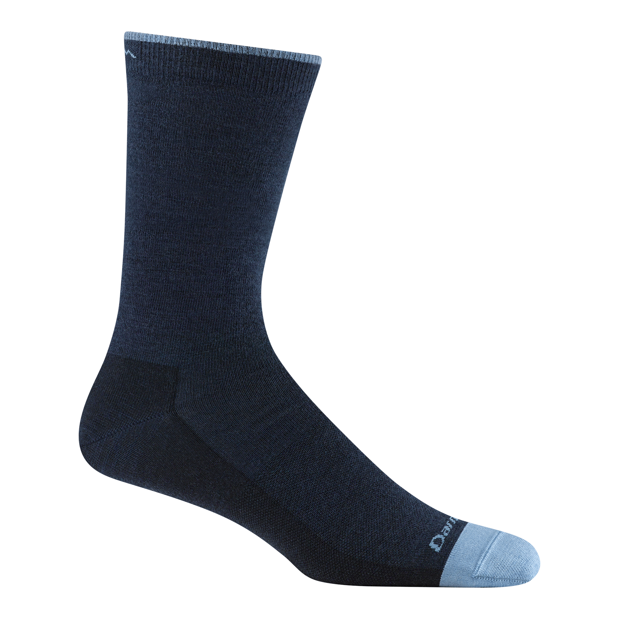 Navy crew sock with light blue toe cap and cuff stripe, side view on foot form