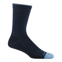 Navy crew sock with light blue toe cap and cuff stripe, side view on foot form