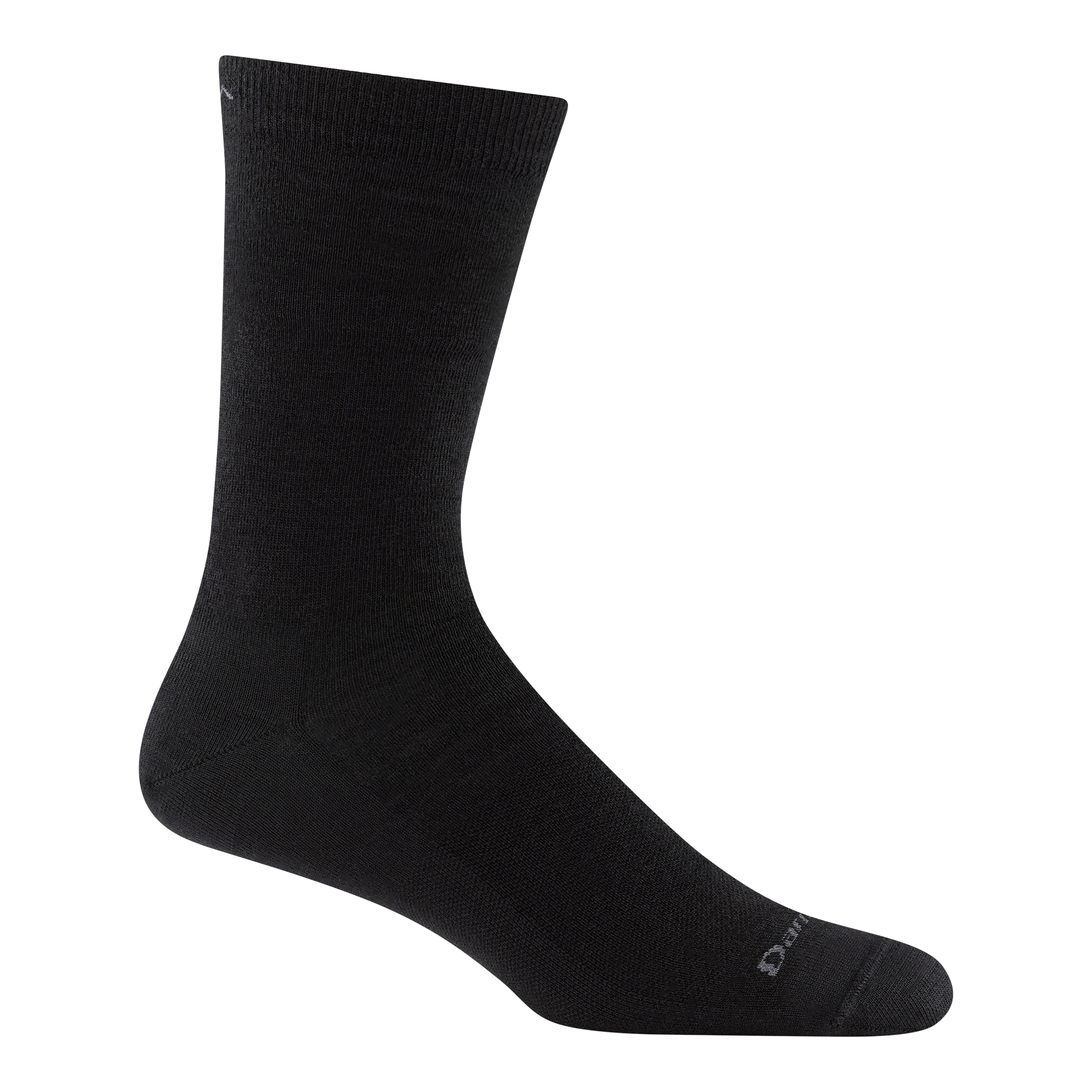 Black crew-length merino wool sock shown in profile on invisible foot form