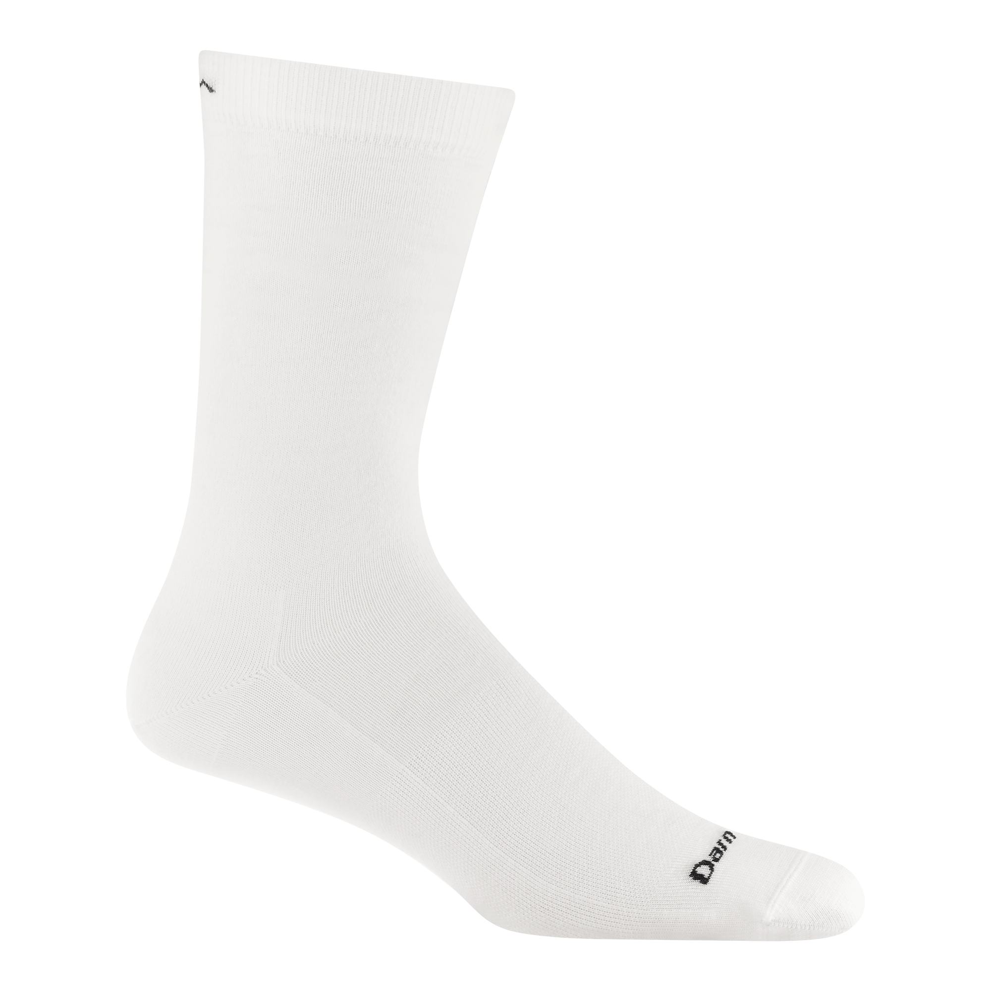 White crew-length performance sock with reinforced toe, side profile view