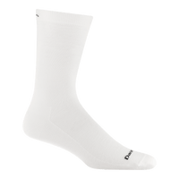 White crew-length performance sock with reinforced toe, side profile view
