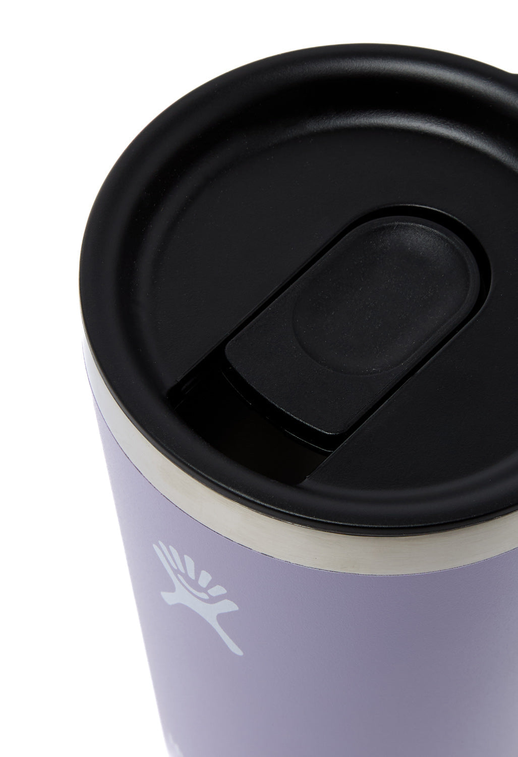 Close-up of insulated tumbler top with black slide-lock lid and brand logo on lavender body